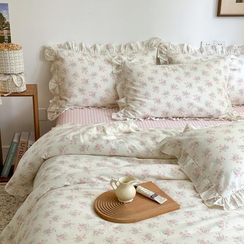 mixinni Pink Floral Duvet Cover Set Full Size - 100% Cotton Ruffle Lace Bedding Set for Girls, Romantic Cottagecore Style Duvet Cover with Zipper Closure, Soft Aesthetic Princess Bedding-Full