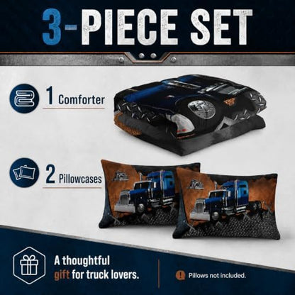 AILONEN Trucks Pattern Comforter Set Queen Size, Blue Truck and Forest Patterns Bedding Set for Kids Boys Girls Teens Bedroom,3 Pieces,1 Quilt and 2 Pillowcases,Soft,Breathable