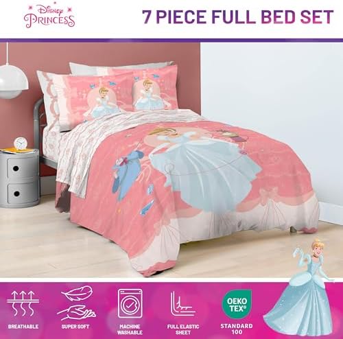 Disney Princess Full Size Comforter Set 7 Piece Kids Bedding, Pink