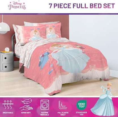 Disney Princess Full Size Comforter Set 7 Piece Kids Bedding, Pink