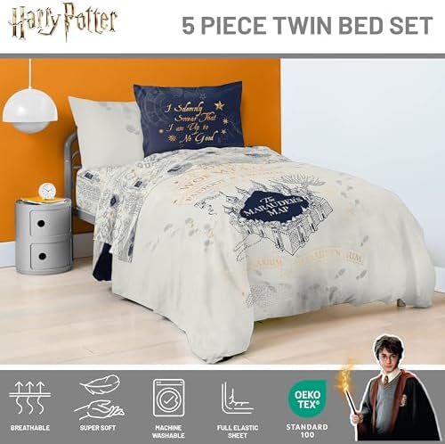 Harry Potter Twin Comforter Set 5 Piece Soft Fantasy Bedding, Beige