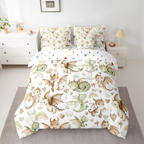 Erosebridal 7 Piece Dragon Comforter Set King Size | Nursery Green Brown Dragons Bedding Set Kids Boys Girls Cartoon Animals Comforter with Sheets Stars Rainbow Heart Pattern Quilt Soft Warm