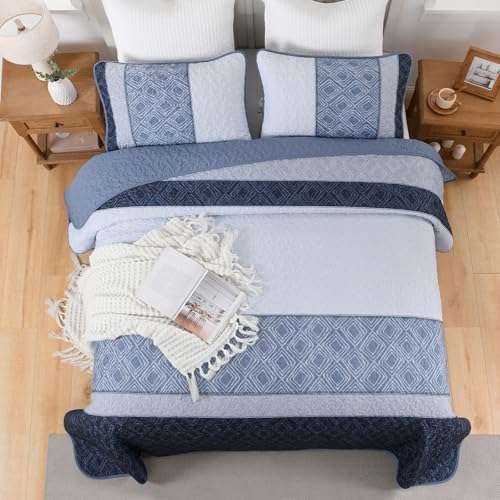 Cottolester Mineral Blue Queen Quilt Set,3 Pcs Boho Striped Plaid Bedspread