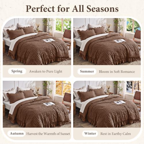 JOLLYVOGUE Dark Brown Queen Comforter Set,3pcs Ruffle Seersucker Bed Set