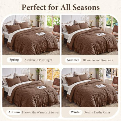JOLLYVOGUE Dark Brown Queen Comforter Set,3pcs Ruffle Seersucker Bed Set