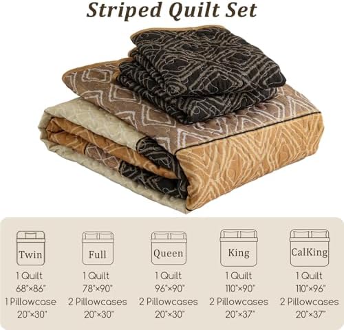 Cottolester Brown Quilt Set Full Size 3 Pieces,Boho Striped Bedspread Set