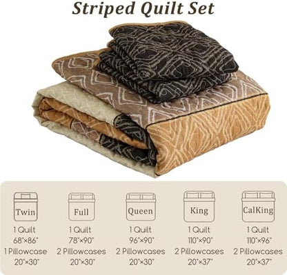 Cottolester Fall Quilt Set Queen Size 3 Pieces,Brown Striped Bedspread,Boho Plaid Bedding Set Soft Microfiber Quilt with 2 Pillow Shams 96"x90"