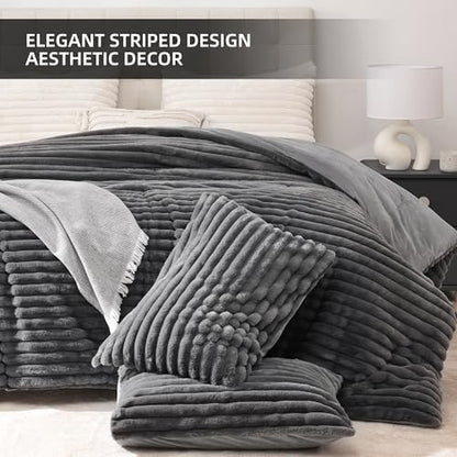 Smoofy Fluffy Full Size Comforter 3 PCS - Dark Grey Fleece Bedding Set