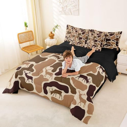 Erosebridal Deer Camo Bedding Set 7 Piece Camouflage Hunting Deer Comforter Set Queen Brown Military Army Camo Bed in A Bag for Kids Adults Country Hunter Wildlife Quilt with Flat Fitted Sheet