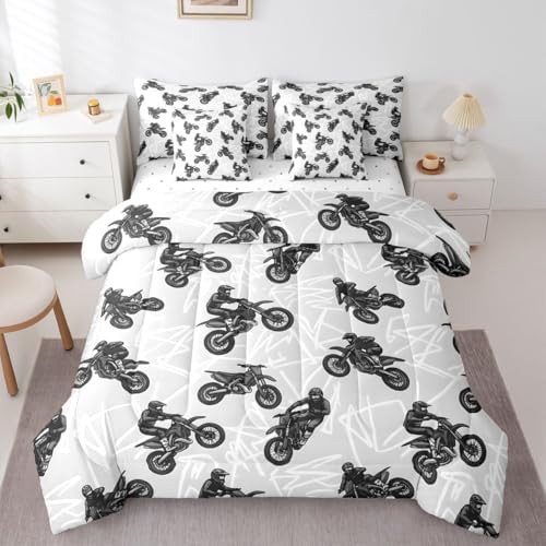 Feelyou Dirt Bike Comforter Set with Sheets 7 Piece Full Graffiti Style Lines Bed in a Bag Kids Boys Girls Racing Motocross Rider Bedding Set Motorcycle Bedroom Decor Extreme Sports Soft Lightweight
