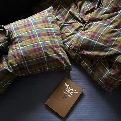 mixinni Vintage Multicolor Gingham Comforter Set King Size - 100% Washed Cotton 3-Piece Retro Plaid Pattern Bedding Set (1 Comforter + 2 Pillowcases), All-Season Lightweight & Breathable