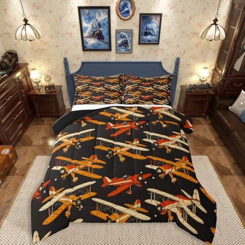 Erosebridal Cartoon Aircraft Bedding Set King, Modern Airplane Comforter Set, Propeller Plane Black Comforter for Kids Boys Men Bedroom Decor, Aviation Theme Quilt with 2 Pillowcases, 3 Pcs