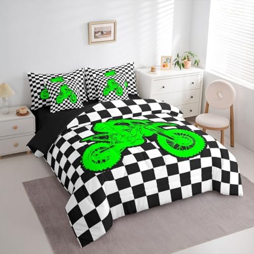 Feelyou Neon Green Motocross Comforter Set Full 7 Pieces Checkered Flag Bedding Set for Boys Girls Sporty Rider Bed in a Bag Off-Road Racing Room Decor Dirt Bike Quilted Breathable Soft Lightweight