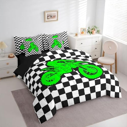 Feelyou Neon Green Motocross Comforter Set Full 7 Pieces Checkered Flag Bedding Set for Boys Girls Sporty Rider Bed in a Bag Off-Road Racing Room Decor Dirt Bike Quilted Breathable Soft Lightweight