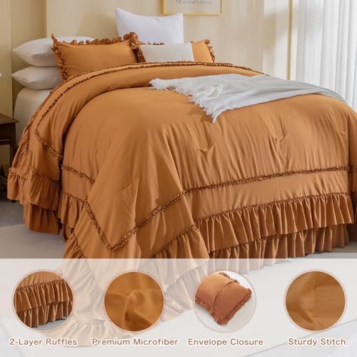 Masaca Pumpkin Oversized King Comforter 128x120,Farmhouse Shabby Boho Chic Ruffled Bedding Comforter Set,3 Pieces Fluffy Brown Orange Ruffle Extra Large King Comforter Set Ultra Soft