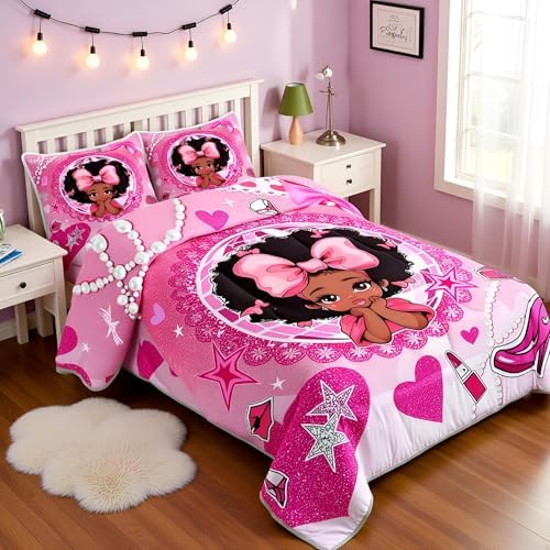 Manfei Black Princess Girly Comforter Set Twin Size,High-Heeled Shoes Lip Bowknot Diamond Bedding Set,Girls Women Room Decor,African American Girls Down Comforter,Pink Cute Duvet Insert,1 Pillowcase
