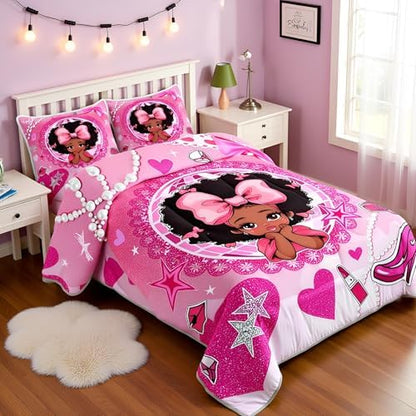 Manfei Black Princess Girly Comforter Set Twin Size,High-Heeled Shoes Lip Bowknot Diamond Bedding Set,Girls Women Room Decor,African American Girls Down Comforter,Pink Cute Duvet Insert,1 Pillowcase