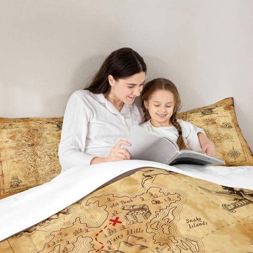 Nautical Map Comforter Set Full Size,Pirate Boat Compass Bedding Set 3Pcs,Kids Boys Teens Adult Bedroom Decor Ocean Adventure Quilt Set Vintage Brown Duvet Insert with 2 Pillowcases