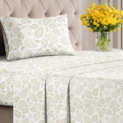 Twin XL 3 Piece Floral Sheet Set - Breathable & Cooling - Taupe Paisley