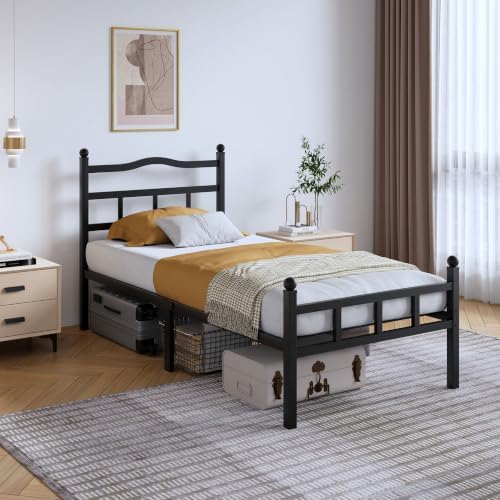 SHOANED 14 Inch Metal Bed Frame - Twin Size Heavy Duty Bedframe with Headboard & Footboard Black Basic Steel Slats Platform No Box Spring Needed/Easy Assembly/Noise Free