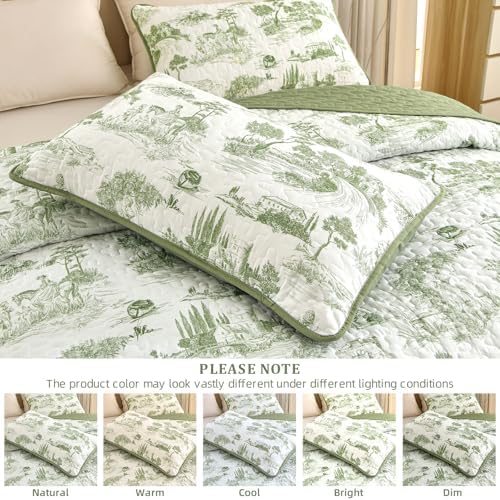 Drucon Sage Green Farmhouse Quilt Set King Size, Spring Toile Rustic Bedspreads, 3 Pieces Village Landscape Printed Coverlet, Soft Microfiber Quilt Bedding Set for All Season (106x90 Inch)