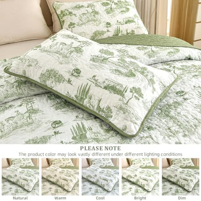 Drucon Sage Green Farmhouse Quilt Set King Size, Spring Toile Rustic Bedspreads, 3 Pieces Village Landscape Printed Coverlet, Soft Microfiber Quilt Bedding Set for All Season (106x90 Inch)