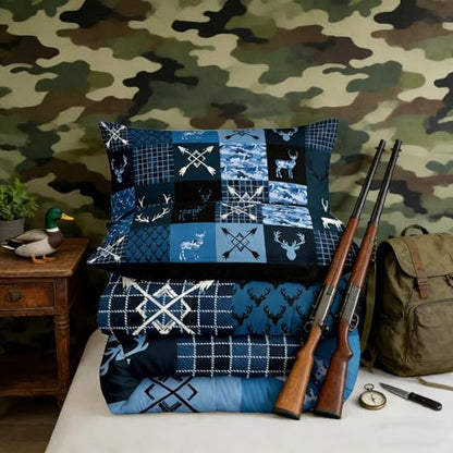 Feelyou Camo Deer Antlers Bedding Set Soft for Boys Girls, Animal Arrow Silhouette Comforter Set King Size Rustic Cabin Duvet Quilt Microfiber Lattice Bedroom Decor 3 Pcs with 2 Pillow Cases