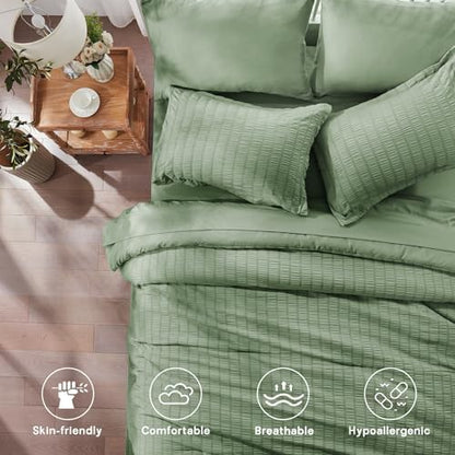Twin Comforter Set 5 Piece, Sage Green Bed in a Bag Twin Size Bedding Sets