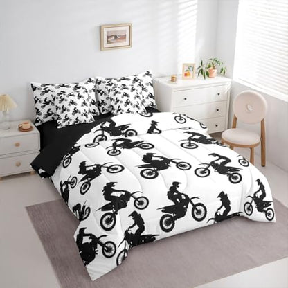 Feelyou Dirt Bike Queen Comforter Set with Sheets for Boys Girls Motocross Rider 7 Pieces Bedding Set Sporty Silhouette Design Bed in a Bag Outdoor Sports Room Decor Motorcycle Art Soft Lightweight
