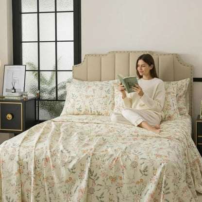 FADFAY Full Size 4‑Piece 100% Cotton Sheet Set – Deep Pocket Fitted Sheet, Crisp, Breathable & Soft for Hot Sleepers, Country Style Floral & Butterfly Pattern for All Seasons