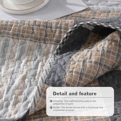 Y-PLWOMEN 100% Cotton Quilts Queen Size Farmhouse Plaid 3-Pieces Bedding