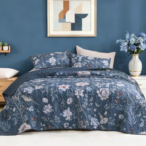 Litanika Floral Navy Quilt King - 3Pcs Botanical Birds Bedding Set