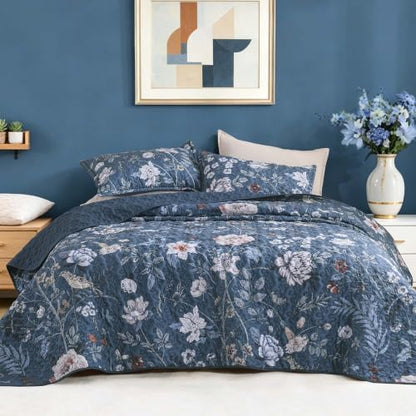 Litanika Floral Navy Quilt King - 3Pcs Botanical Birds Bedding Set