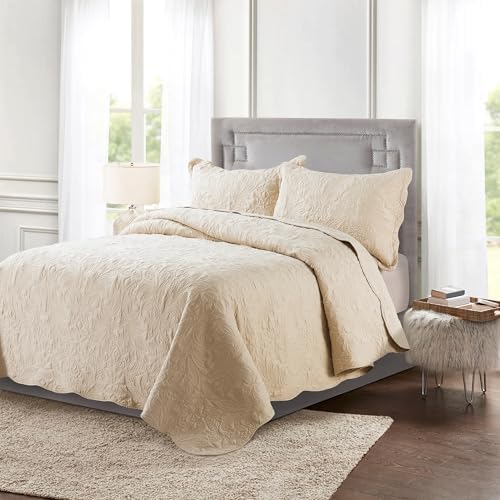 HoneiLife Quilt Set Queen Size - 3 Piece Embroidered Microfiber Bedspread Reversible Coverlet Lightweight Bedcover Paisley Pattern Bedding Set All Season Quilts-Khaki