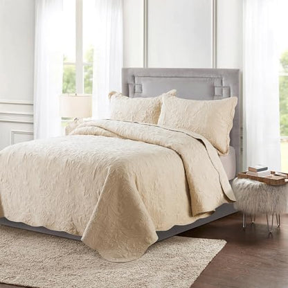 HoneiLife Quilt Set Queen Size - 3 Piece Embroidered Microfiber Bedspread Reversible Coverlet Lightweight Bedcover Paisley Pattern Bedding Set All Season Quilts-Khaki