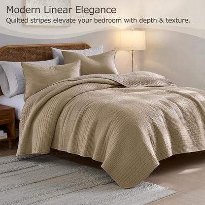 PALASSIO Striped Dark Beige 100% Cotton Quilt California Cal King Size Bedding Set, Oversized Lightweight Channel Pick Stitch Textured Bedspread Soft Farmhouse Country Coverlet for All Season, 2 Shams