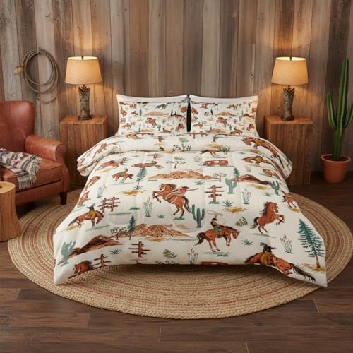 Brown Western Cowboy Comforter Set Queen Size for Boys, Vintage Shabby Chic Bedding, Cozy Boho Country Style Bedding for Teen Boys, Rustic Western Themed Bedroom Decor