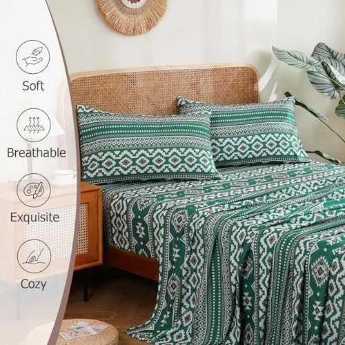 CozySmile 4 Pieces Queen Sheet Set Bohemian, Boho Sheets Soft Microfiber Deep Pocket, Western Sheets Geometric(Queen, Emerald Green)