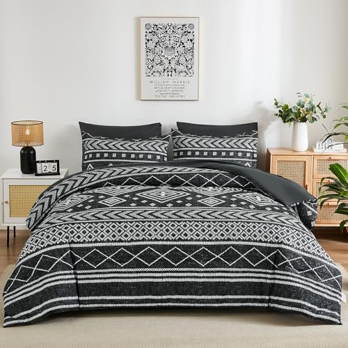 Yiran Queen Comforter Set, 7 Pieces Black Reversible Bedding Set, Boho Aztec Bed in A Bag, Lightweight Soft Bed Comforter Set with Sheets, Pillowcases & Shams