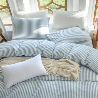 Striped Duvet Cover Set Full Size 3 Pcs 100% Washed Cotton Linen Like Textured Natural Wrinkle Comfy Breathable (Full, Classic Stripe-Light Blue/White)