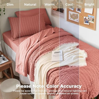 HYMOKEGE Coral Twin XL Comforter Set Seersucker 5 Pieces, All Season Luxury Bed in a Bag for Bedroom, Bedding Set with Comforter, Sheets, Pillowcase & Sham
