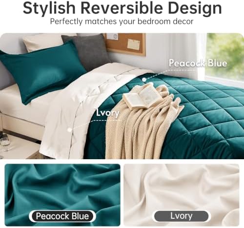 MUXHOMO 5 Pieces Twin XL Comforter Set, Reversible Bed in a Bag Twin XL Size, All Season Bedding Set with Comforter, Flat Sheet, Fitted Sheet, Pillowcases & Shams, Peacock Blue & Ivory