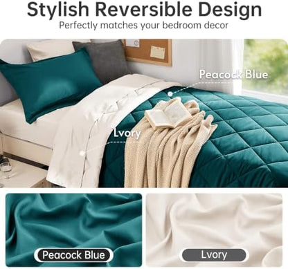 MUXHOMO 5 Pieces Twin XL Comforter Set, Reversible Bed in a Bag Twin XL Size, All Season Bedding Set with Comforter, Flat Sheet, Fitted Sheet, Pillowcases & Shams, Peacock Blue & Ivory