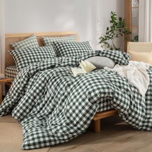 BESTOUCH Gingham Cotton Duvet Cover Set Green Queen