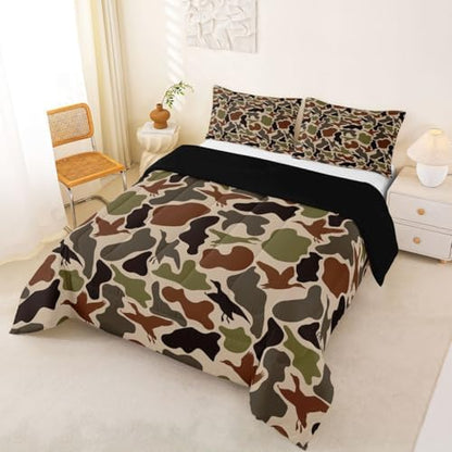 Duck Hunting Comforter Set -Army Camo Comforter Full Size Green Brown Camouflage Bedding Set for Kids Women Men Bedroom Decor Fashion Rustic Farmhouse Wild Animal Quilt Duvet,3 Pcs with 2 Pillowcase