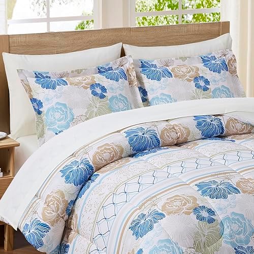 Floral Comforter Set Twin Size with Sheets Bed in a Bag – Deep Pocket Fitted Sheet with Elastic Corners, Cozy Comforter, Pillowcases & Shams – Soft Microfiber All Season Bedding – Machine Washable