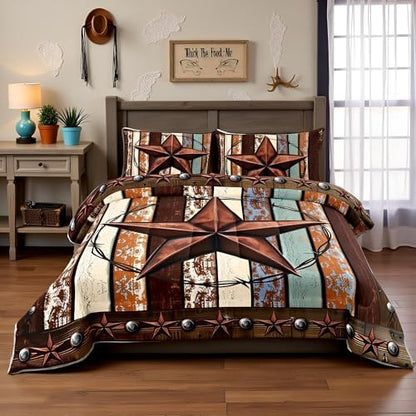 Western Texas Star Kids Comforter Set Full Size,Vintage Wooden Plank Bedding Set,Girls Boys Adults Bedroom Decor,Rustic Farmhouse West Cowboy Down Comforter,Brown Retro Duvet Insert,2 Pillowcases
