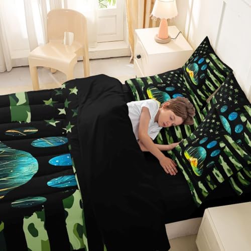 Erosebridal American Flag 7 Pieces Bedding Set Army Green Camo Full Comforter Set for Boys Girls Bear Claw Hunting Theme Bed in A Bag with Flat and Fitted Sheet Camoflage Camping Campfire Bed Set