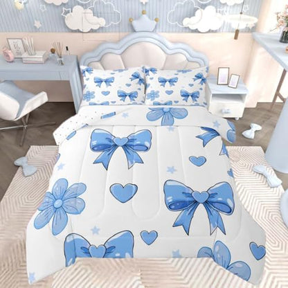 jejeloiu Bow Comforter Set All Season Bowknot Bedding Set with 2 Pillow Cases White Blue Microfiber Kids King Bedclothes Bow-tie Bedroom Decor Duvet Quilt Breathable Soft Lightweight