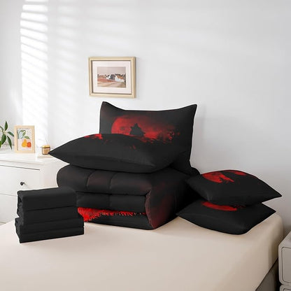 Castle Fairy Wolf Silhouette Bed in a Bag Comforter Set,Howling Wolf Animal King Size 7 Pieces for Kids Teens,Jungle Red Moon Bedding Set with Comforter, Sheet Set, Pillowcases, Pillow Covers